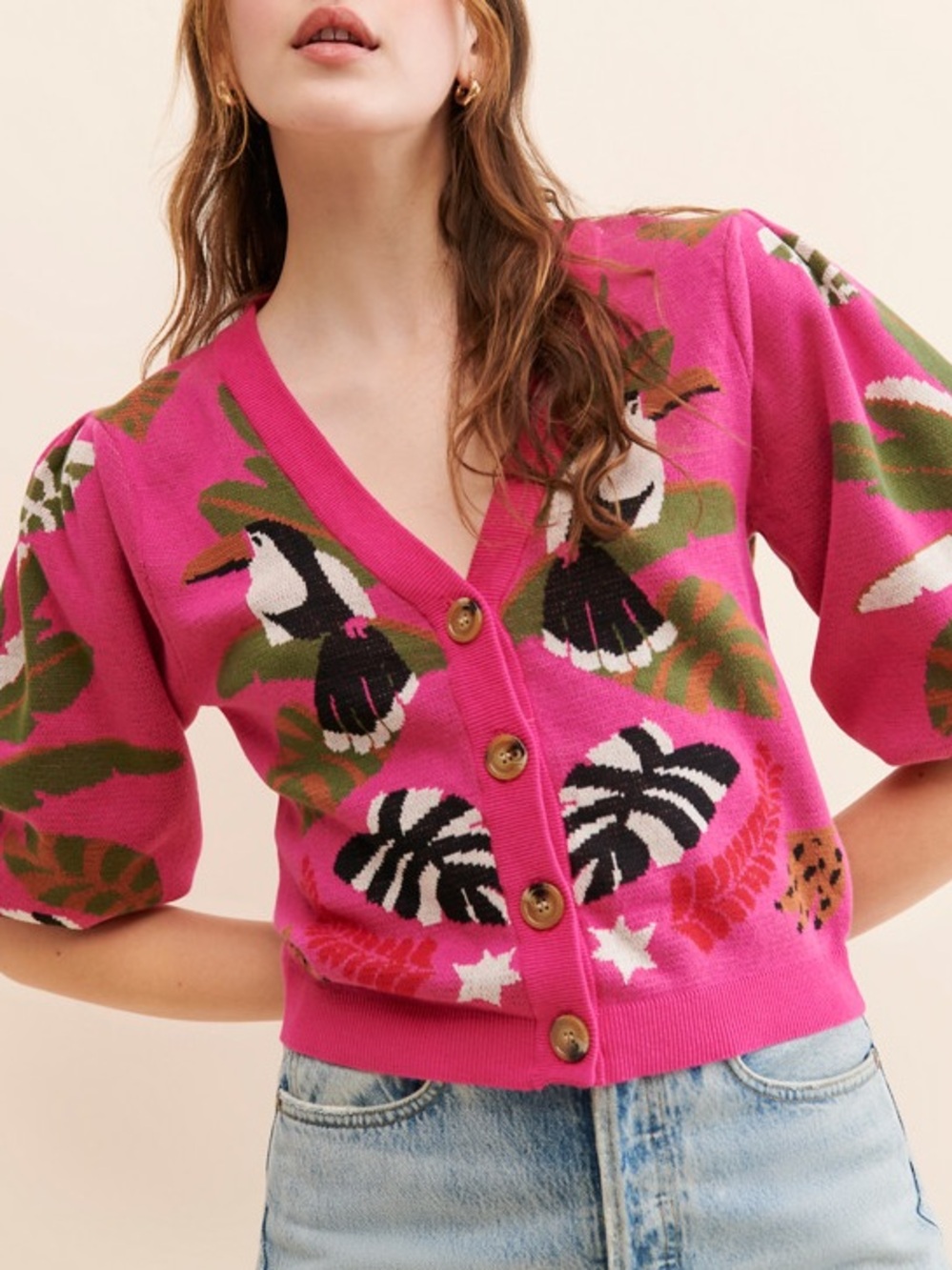 FARM Rio Leopard Forest Pink Toucan Puff Sleeve Cardigan Sweater S